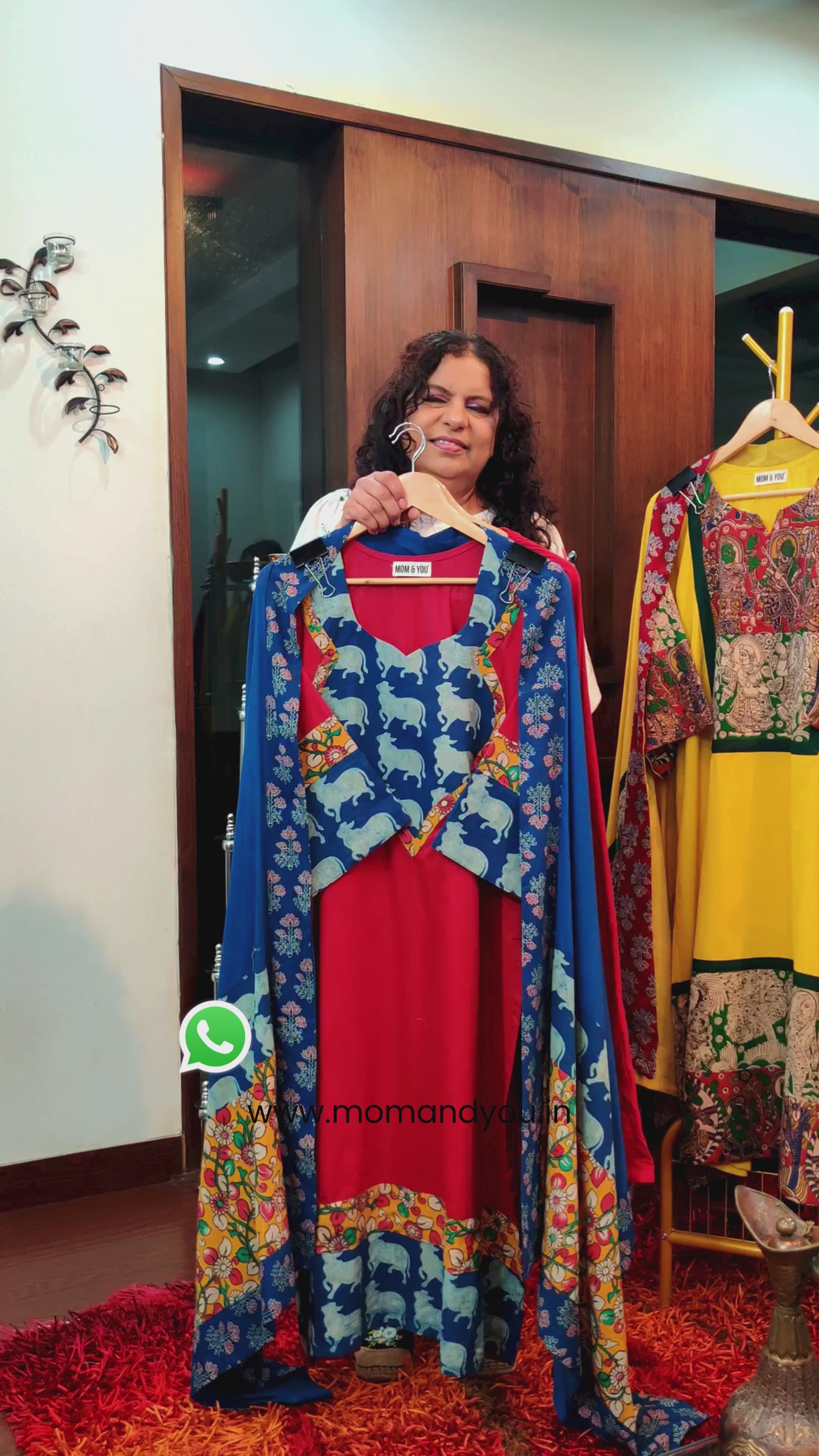 Red Cotton Blue kalamkari Stitched Suit Set