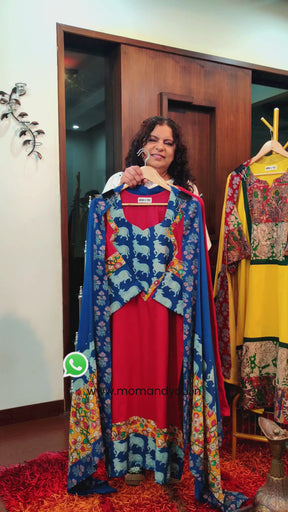 Red Cotton Blue kalamkari Stitched Suit Set