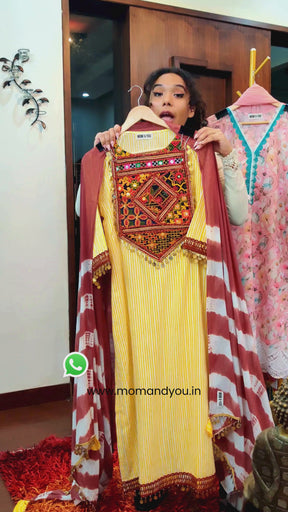 Yellow Striped Multi-Coloured Embroidered Stitched Suit Set