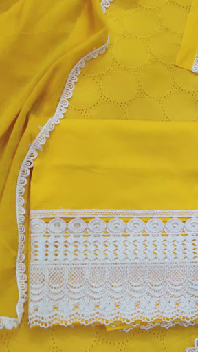 Yellow Schiffli with Elegant White Lace Detailing Unstitched Dress Material Suit Set