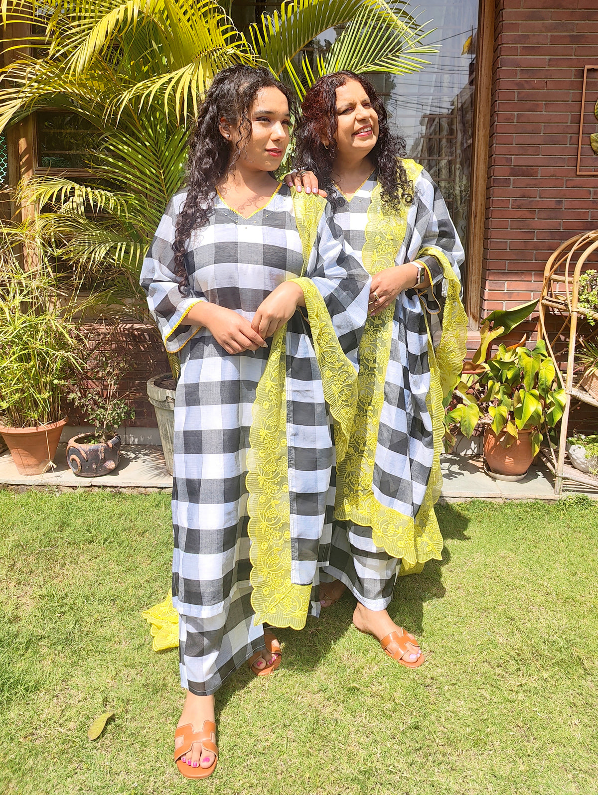 Black and White Checkred Chanderi Stitched Suit Set