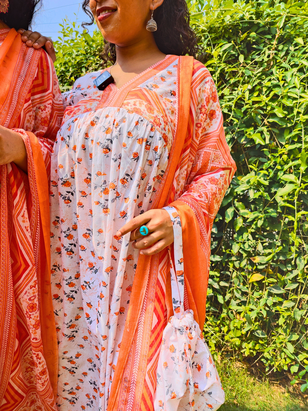 White and Orange Digital Printed Anarkali Cotton Stitched Suit Set