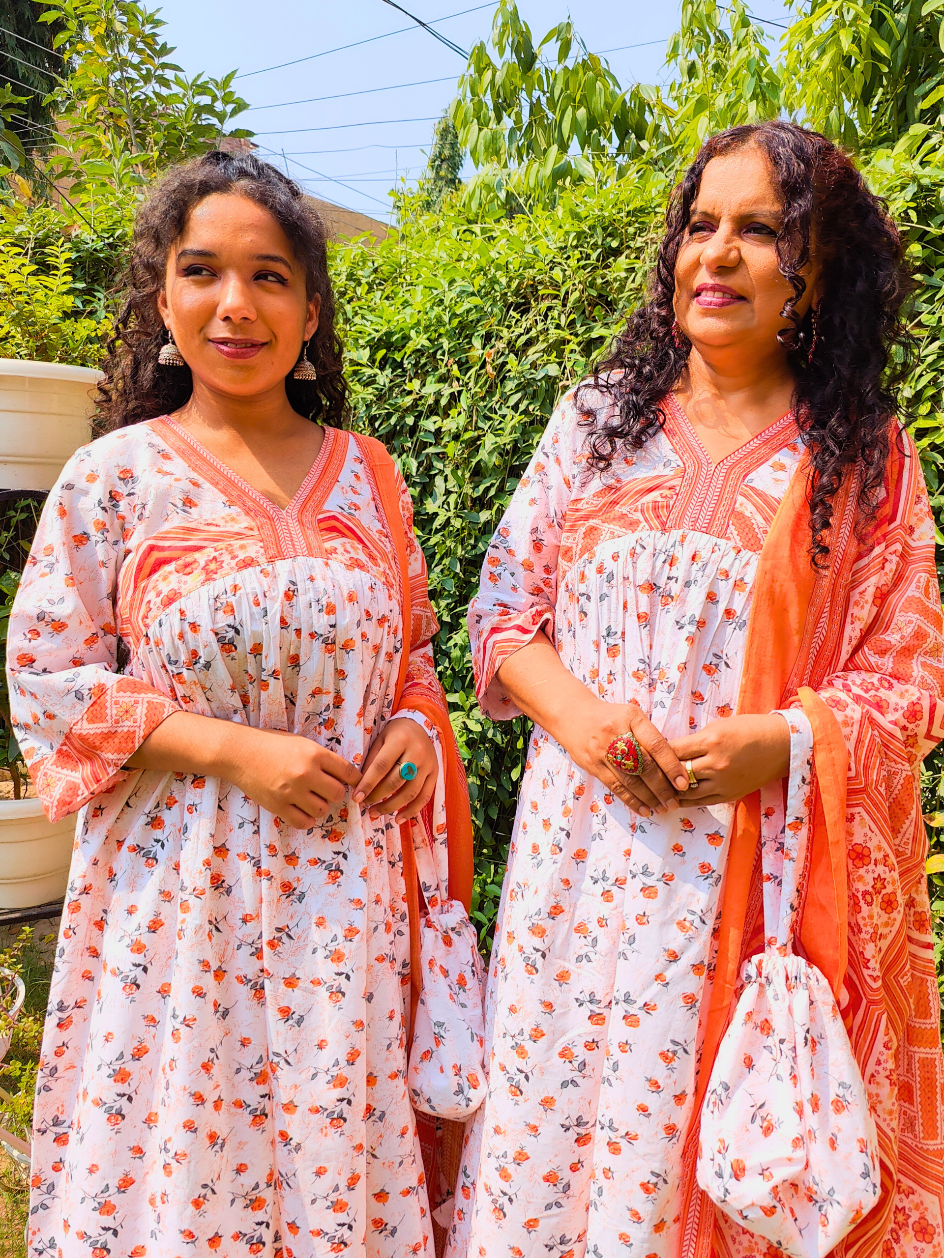 White and Orange Digital Printed Anarkali Cotton Stitched Suit Set